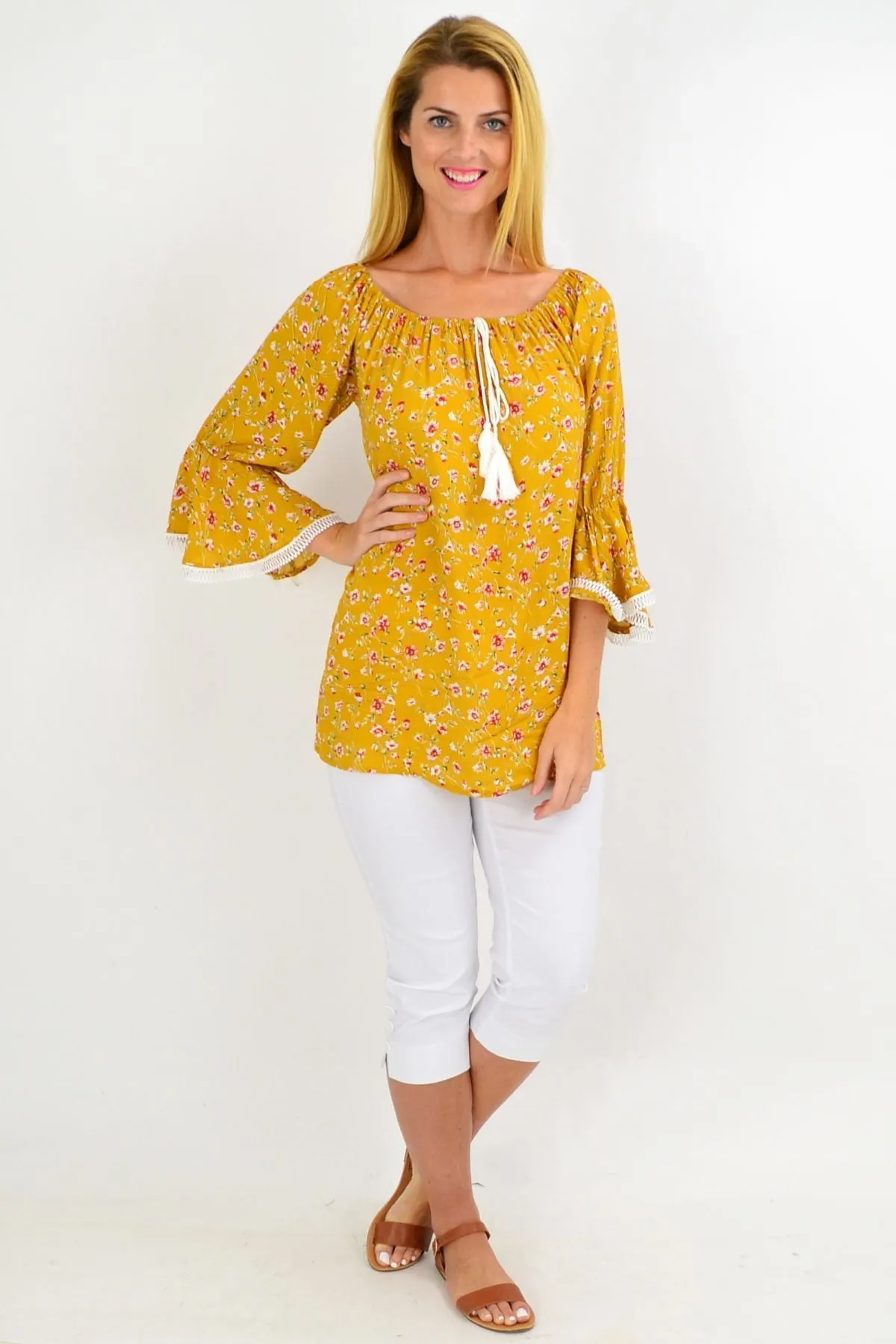 Mustard Floral Tassel Off shoulder Tunic Top