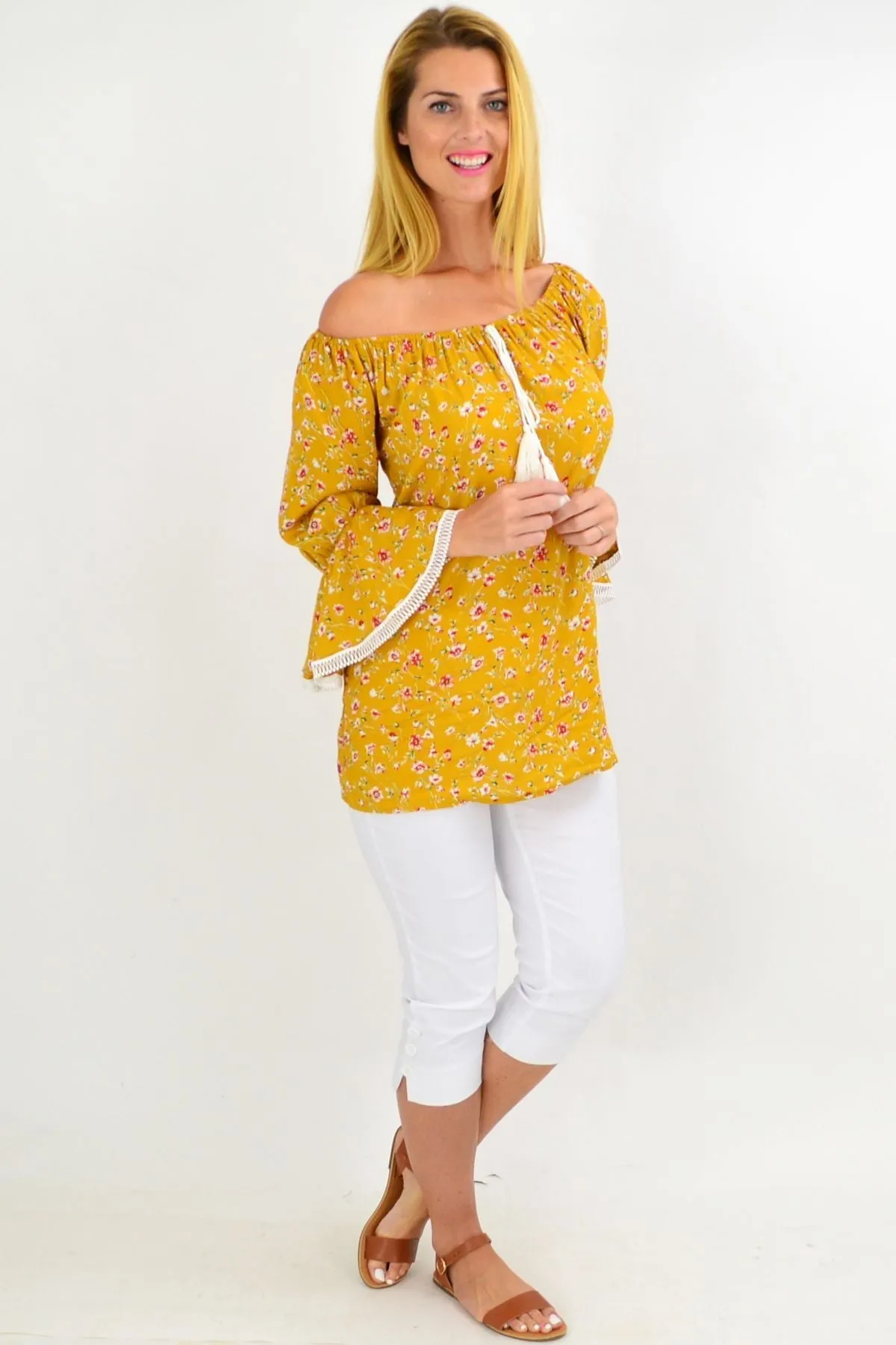 Mustard Floral Tassel Off shoulder Tunic Top