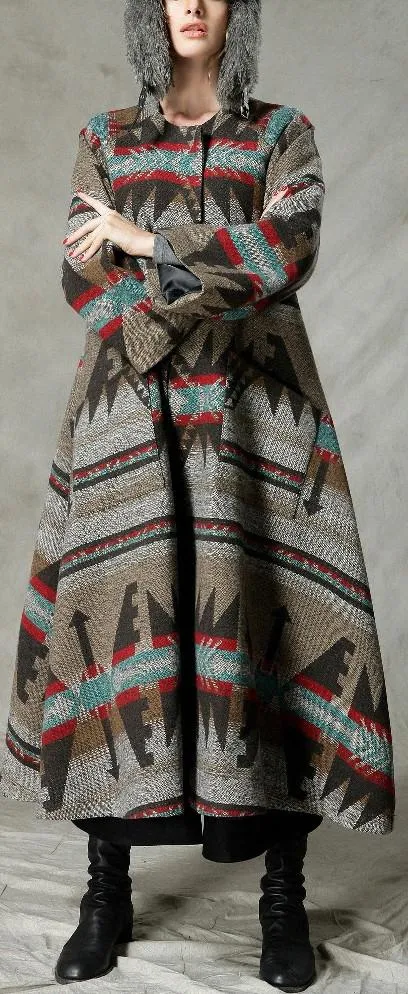 Native Print Long Wool Coat