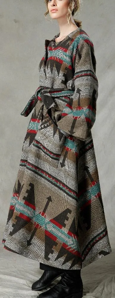 Native Print Long Wool Coat