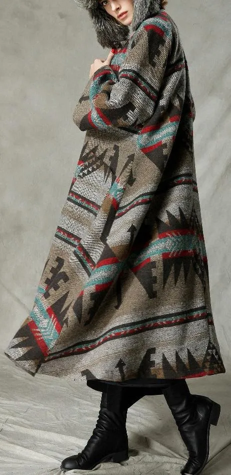 Native Print Long Wool Coat