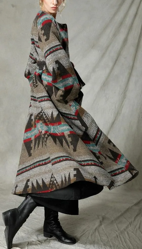 Native Print Long Wool Coat