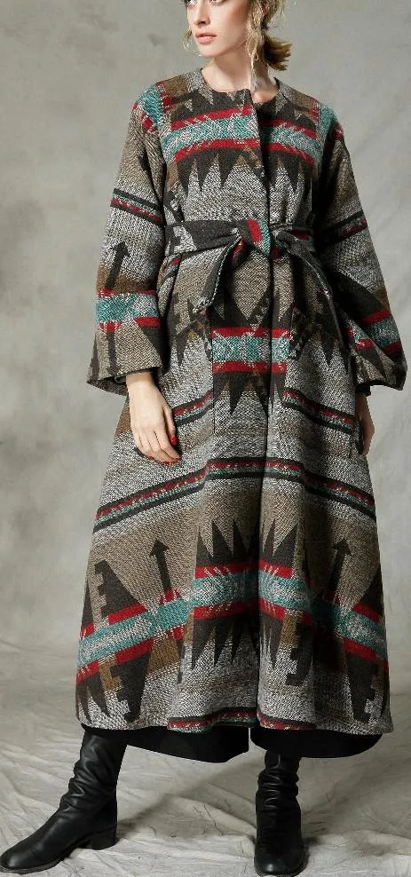 Native Print Long Wool Coat