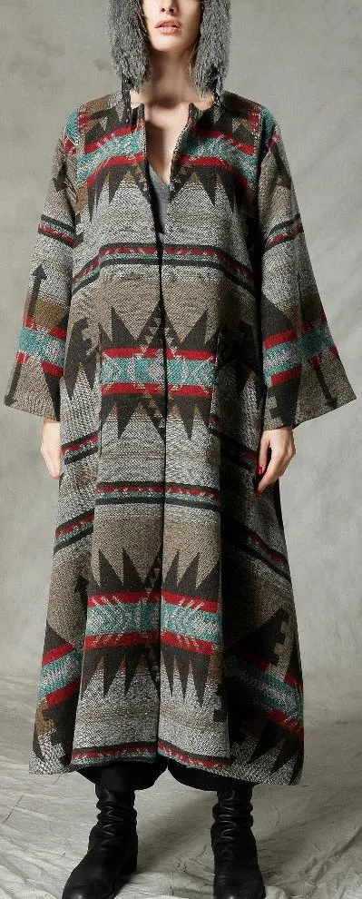 Native Print Long Wool Coat