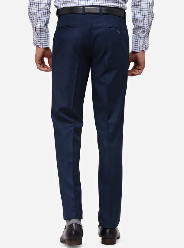 Navy Blue Slim Fit Checked Formal Trouser | Metal