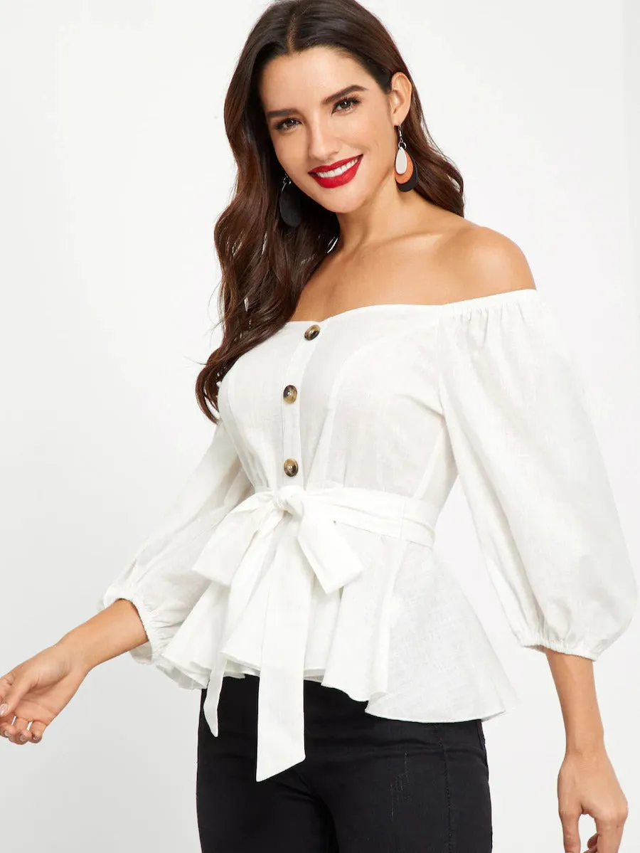 Off Shoulder Tie Wast Peplum Top