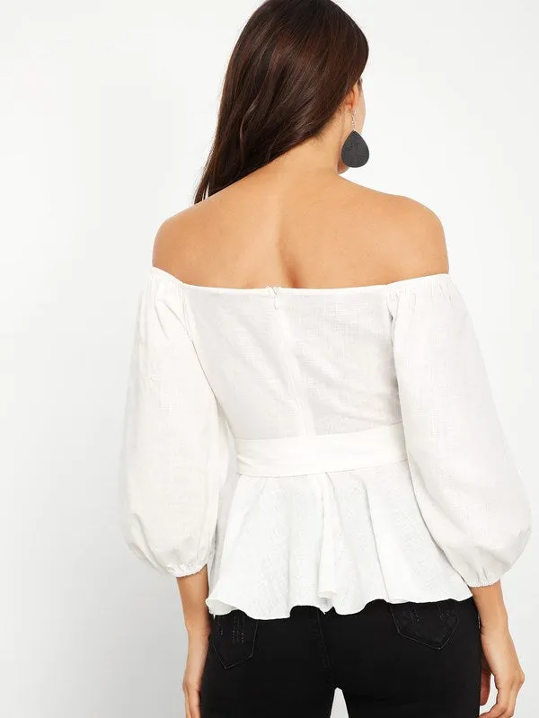 Off Shoulder Tie Wast Peplum Top