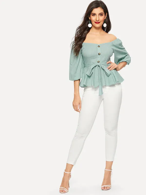 Off Shoulder Tie Wast Peplum Top