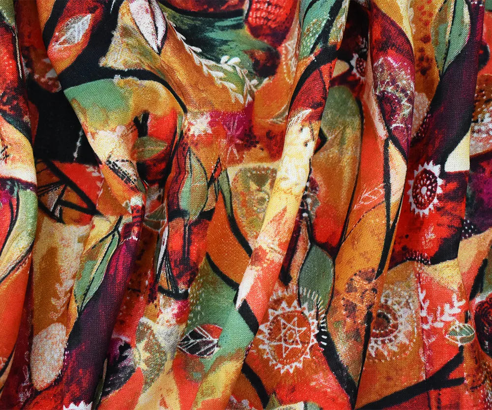 Orange-Green-Multi Abstract Bird Medallion Printed Linen Woven Fabric