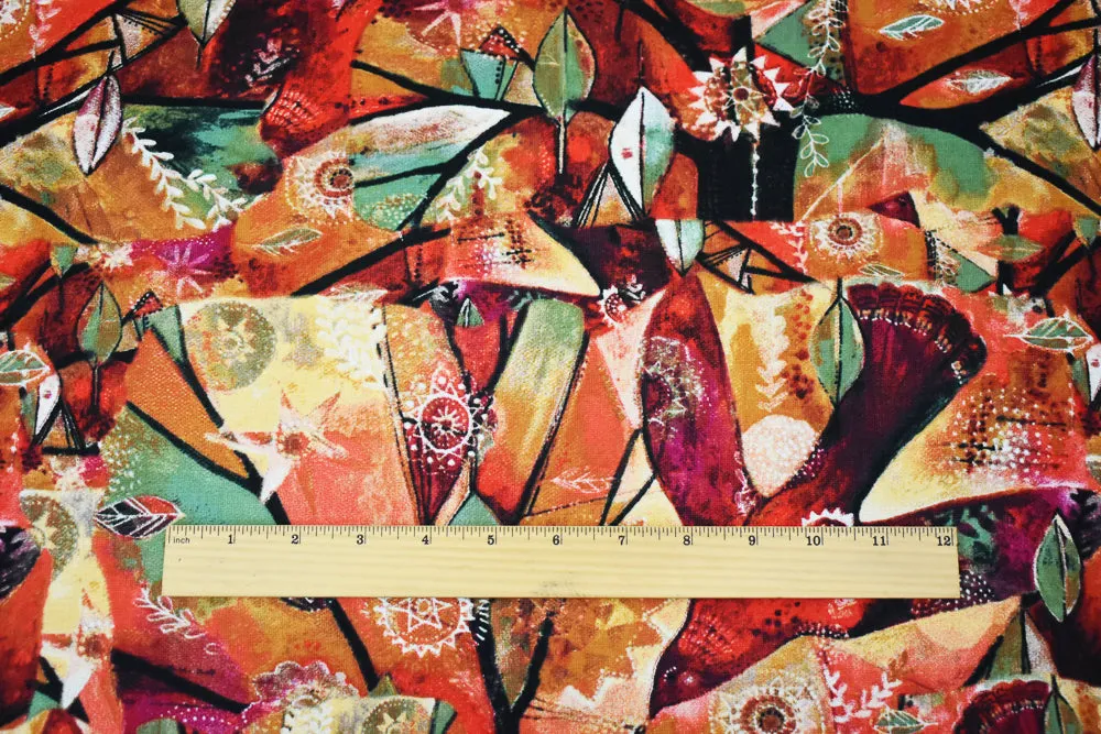 Orange-Green-Multi Abstract Bird Medallion Printed Linen Woven Fabric