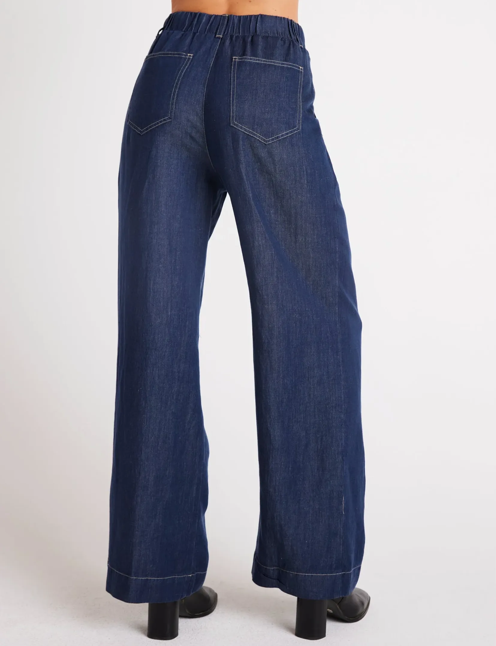 Pleated Wide Leg Pant, Dark Denim