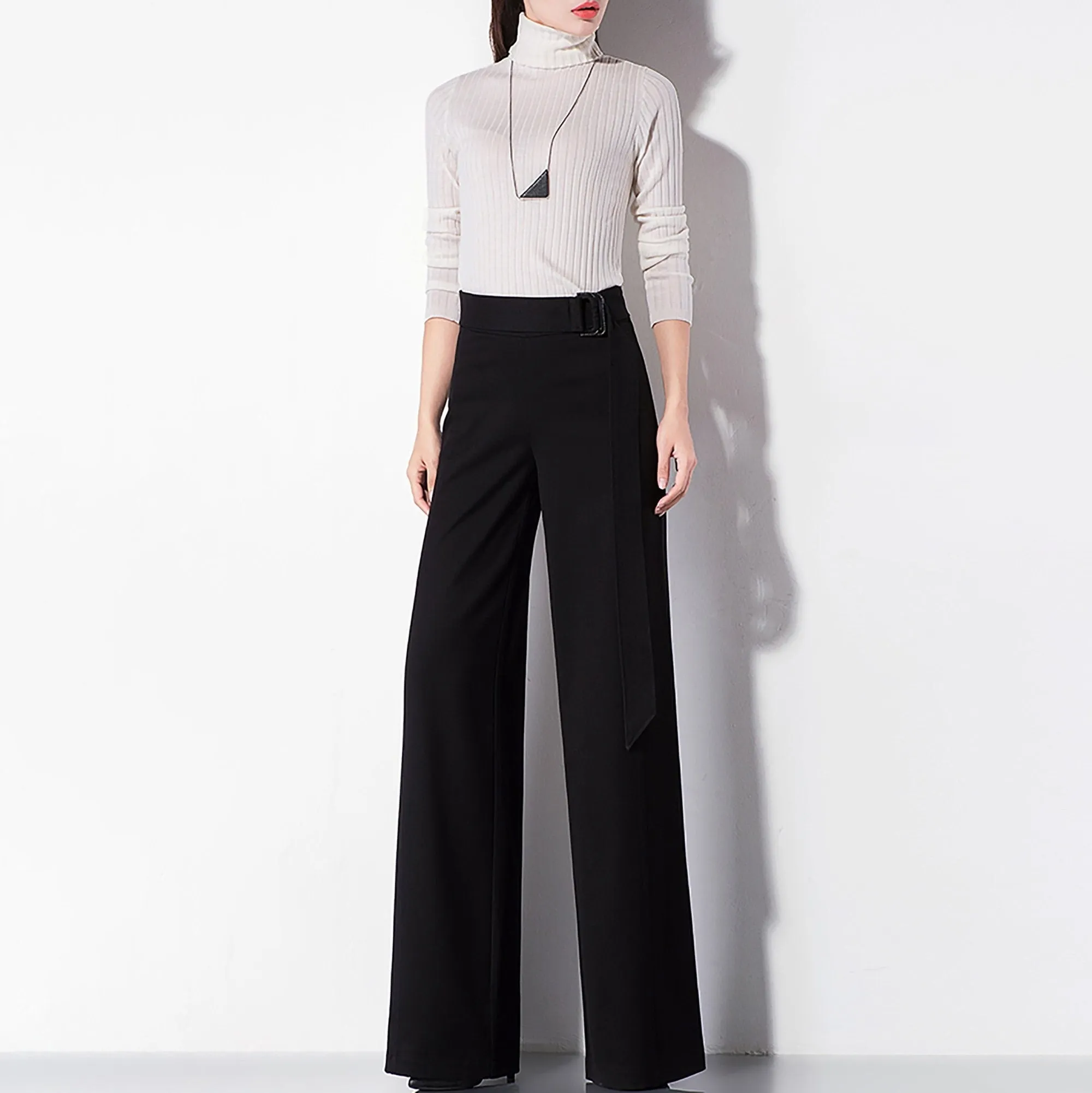 Pull-On Belted High Waist Wide Leg Pants