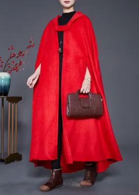 Red Lengthen Woolen Trench Coats Hooded Cloak Sleeves