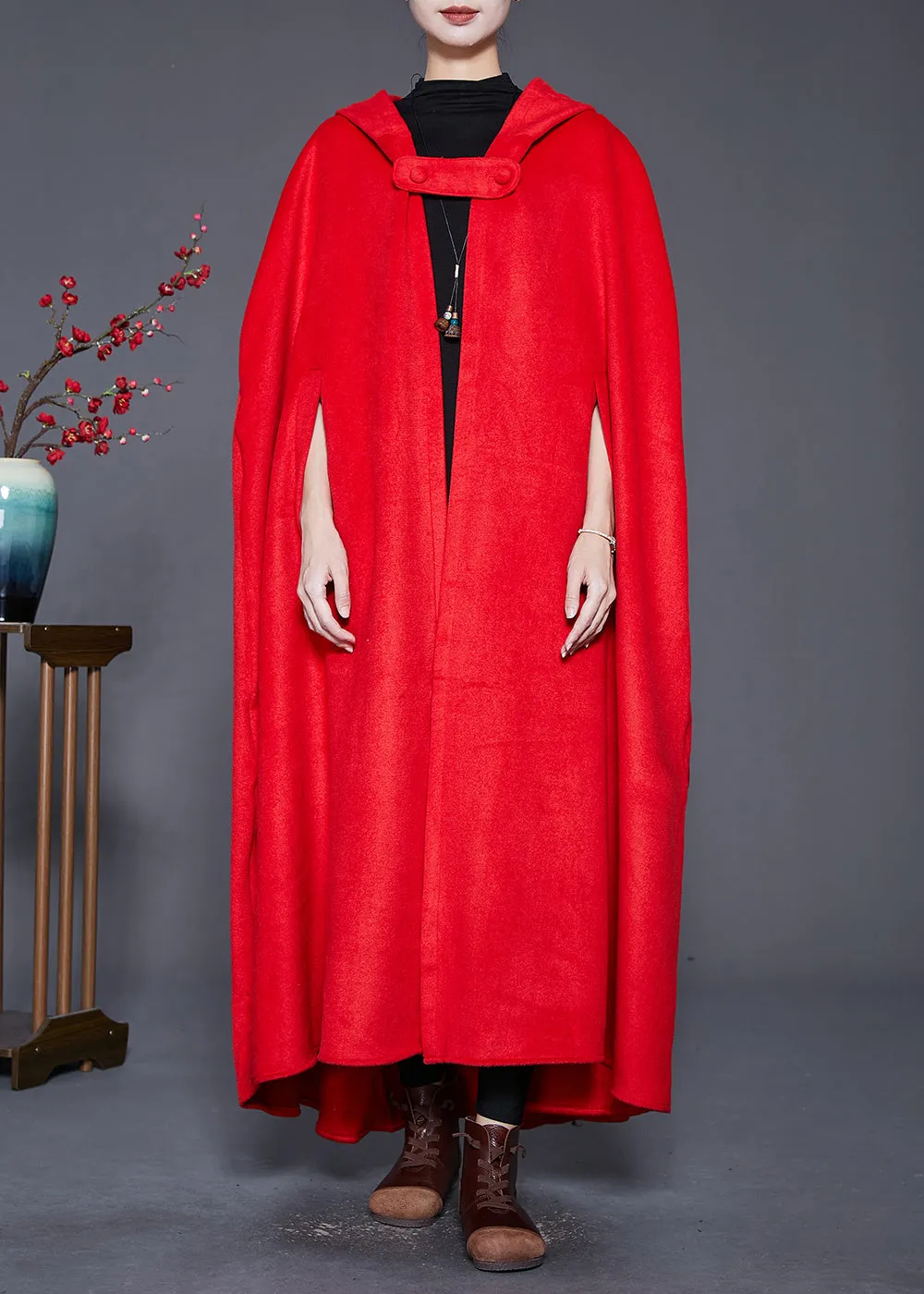 Red Lengthen Woolen Trench Coats Hooded Cloak Sleeves