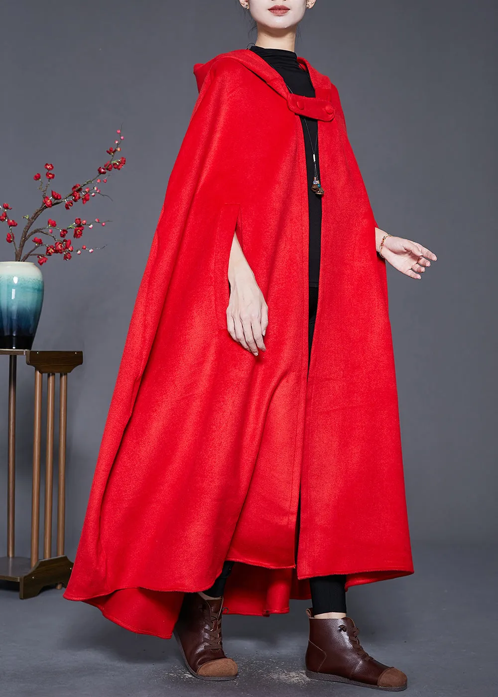 Red Lengthen Woolen Trench Coats Hooded Cloak Sleeves