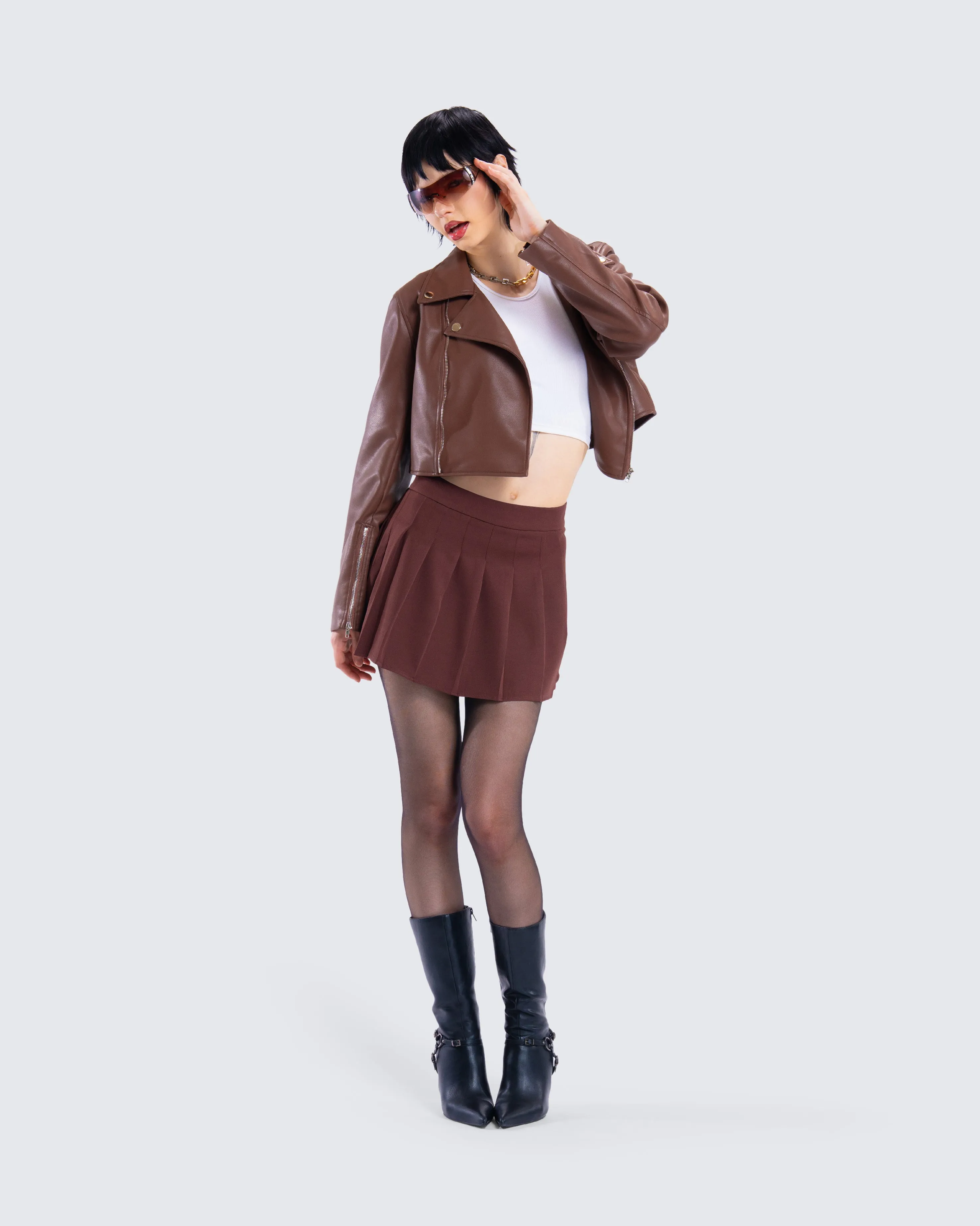 Ronny Brown Pleated Mini Skirt