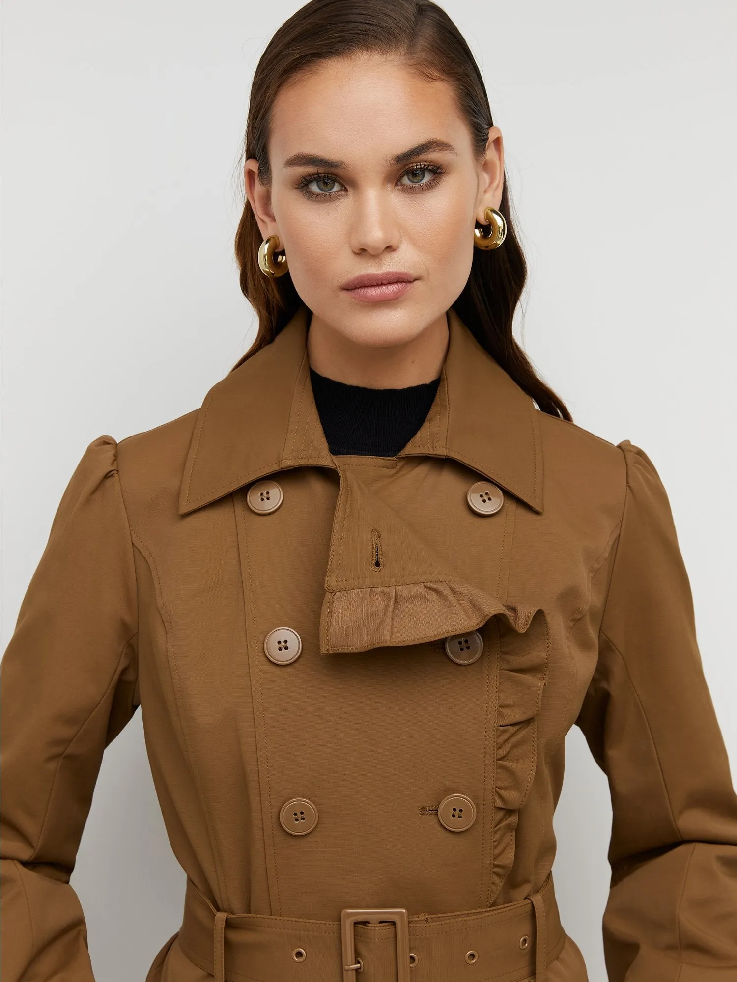 Ruffle-Trim City Trench Coat