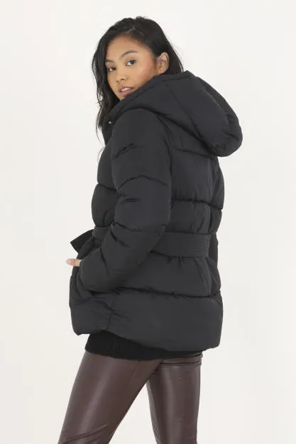 SHORT PADDED BELTED JACKET WITH HOOD