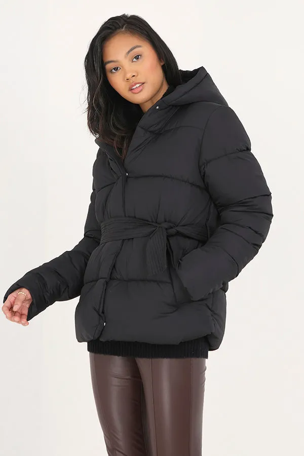 SHORT PADDED BELTED JACKET WITH HOOD