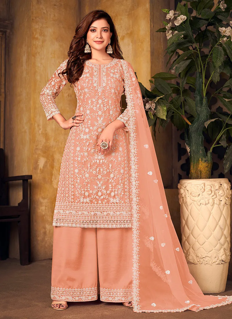 Soft Peach Embroidered Palazzo Suit