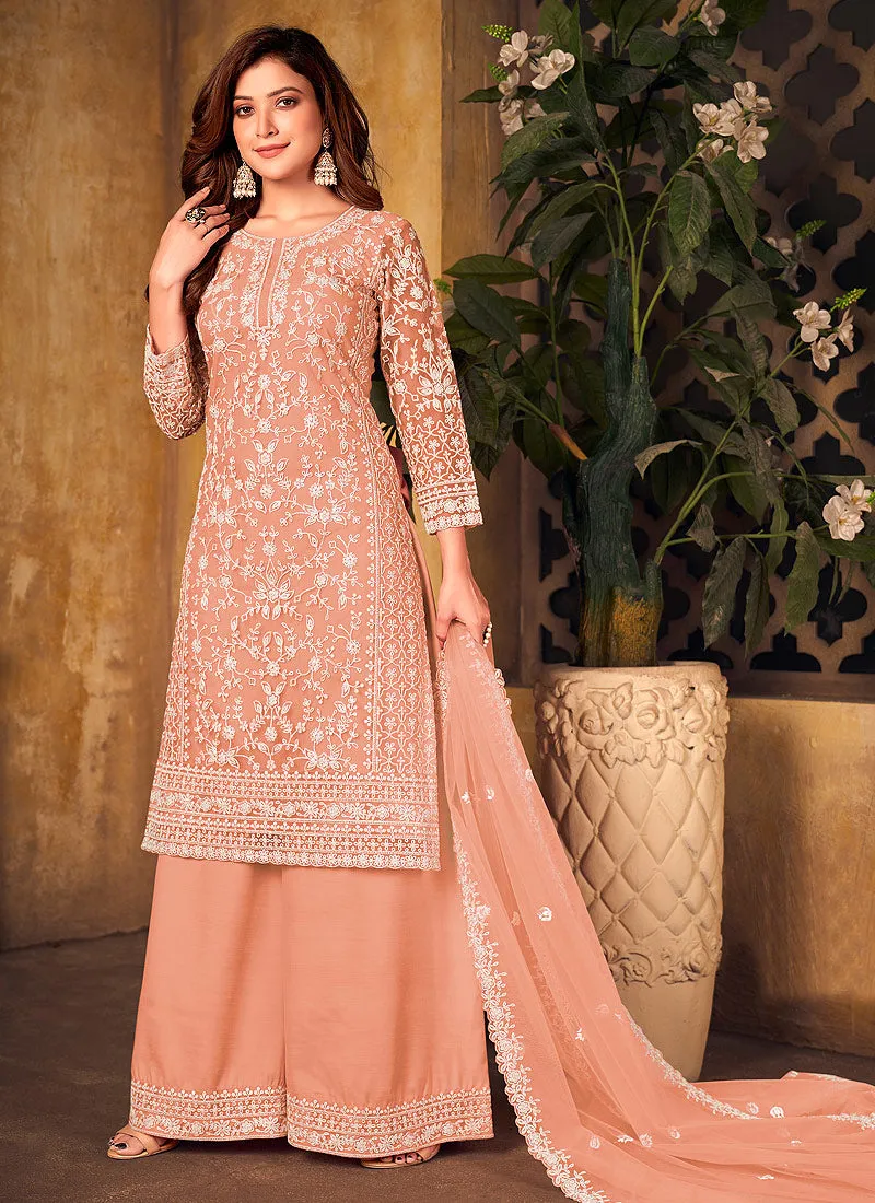 Soft Peach Embroidered Palazzo Suit