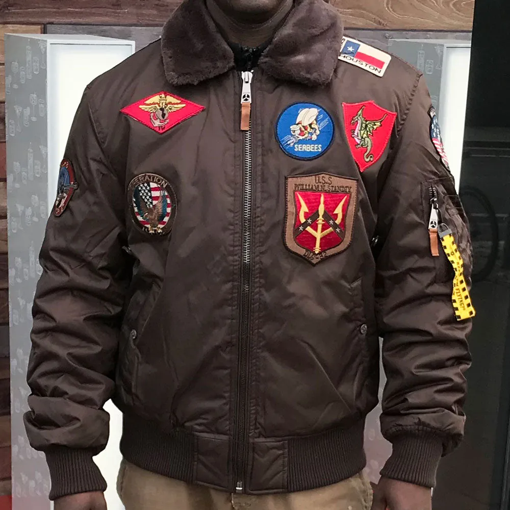 Top Gun Official B 15 Mens Flight Bomber Jacket with Patches Brown