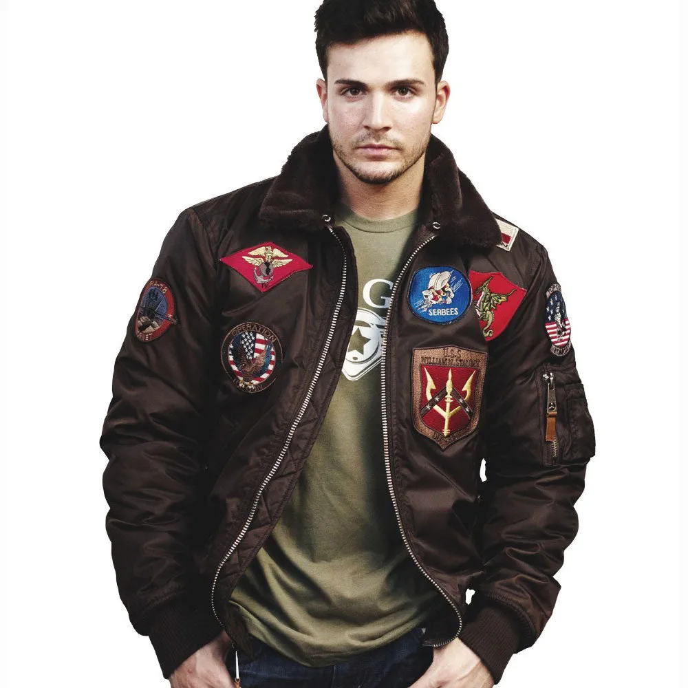 Top Gun Official B 15 Mens Flight Bomber Jacket with Patches Brown