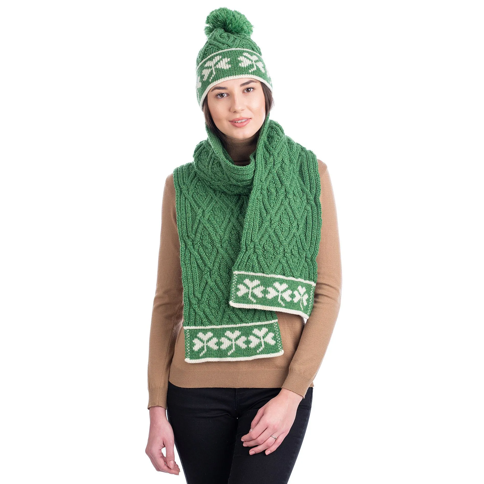 Traditional Irish Shamrock Aran Wool Scarf 76 x 8 Inches Made in Ireland