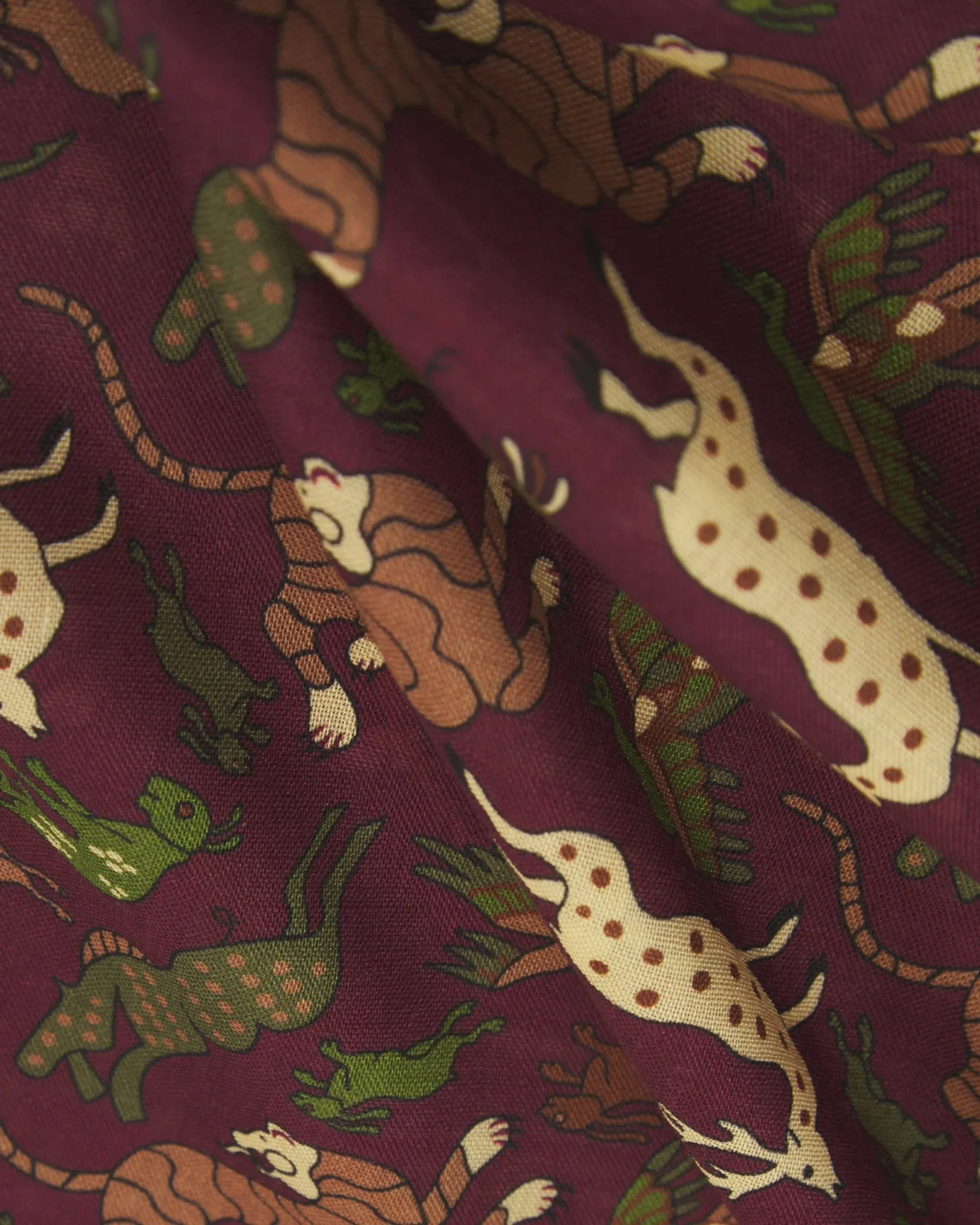 UK Wool and Silk Scarf - Woodland Creatures in Burgundy