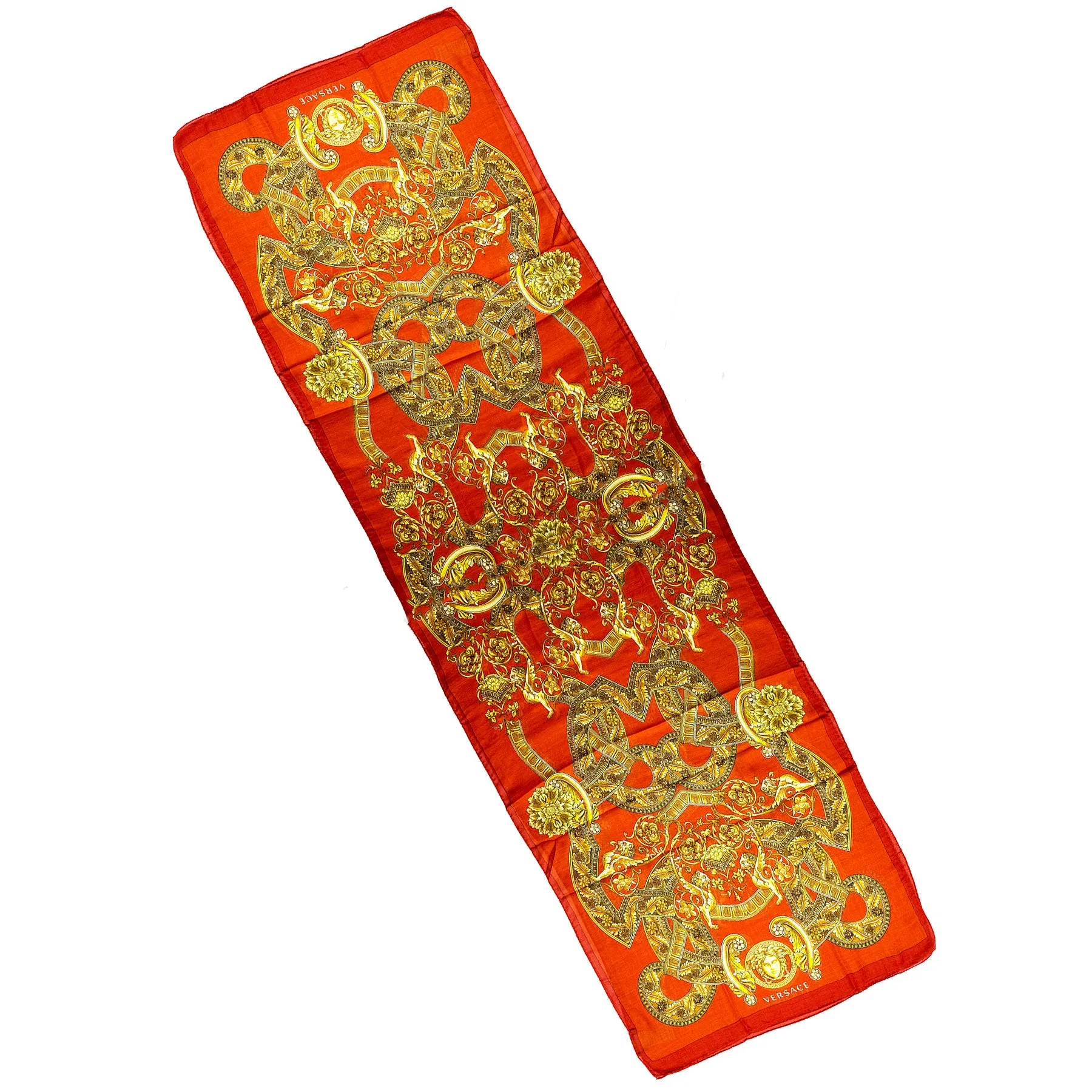 Versace Scarf Orange Gold Signature Baroque & Medusa  - Wool Silk Shawl FINAL SALE