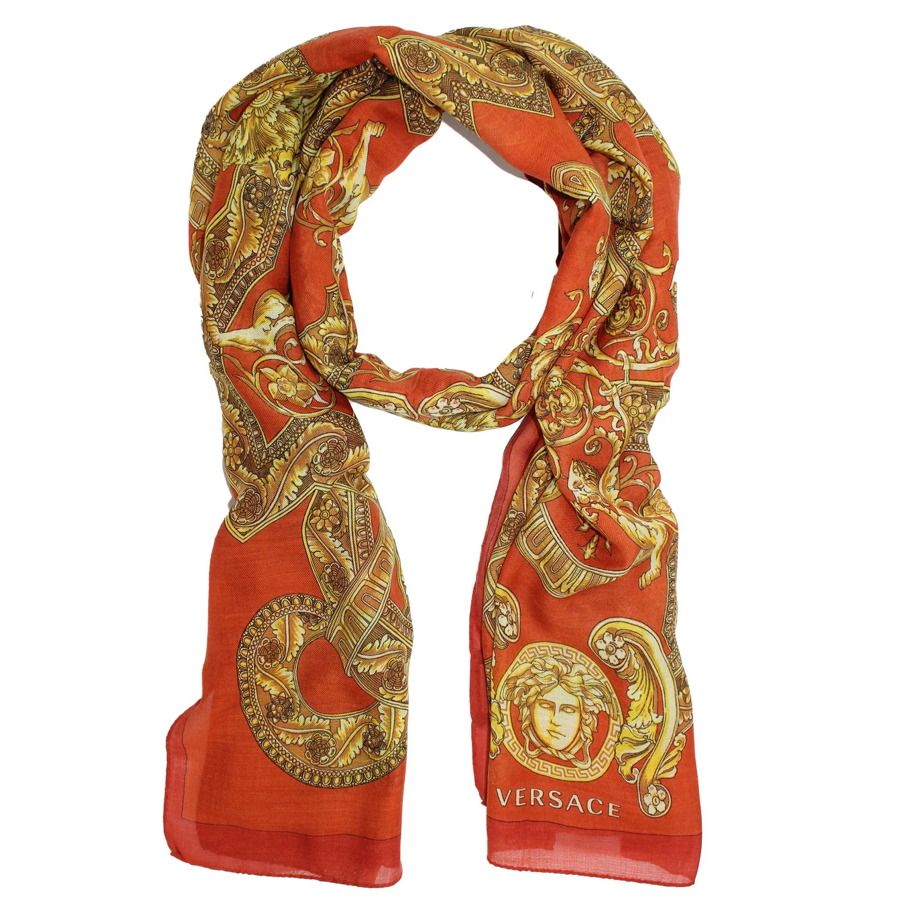 Versace Scarf Orange Gold Signature Baroque & Medusa  - Wool Silk Shawl FINAL SALE