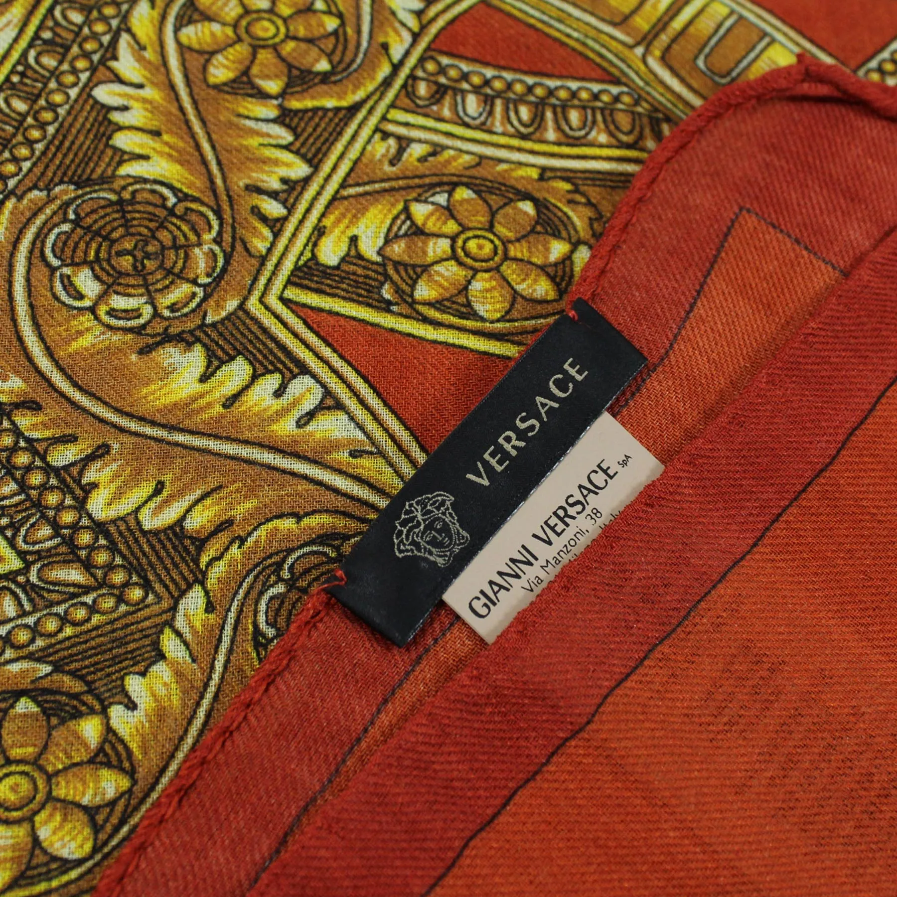 Versace Scarf Orange Gold Signature Baroque & Medusa  - Wool Silk Shawl FINAL SALE