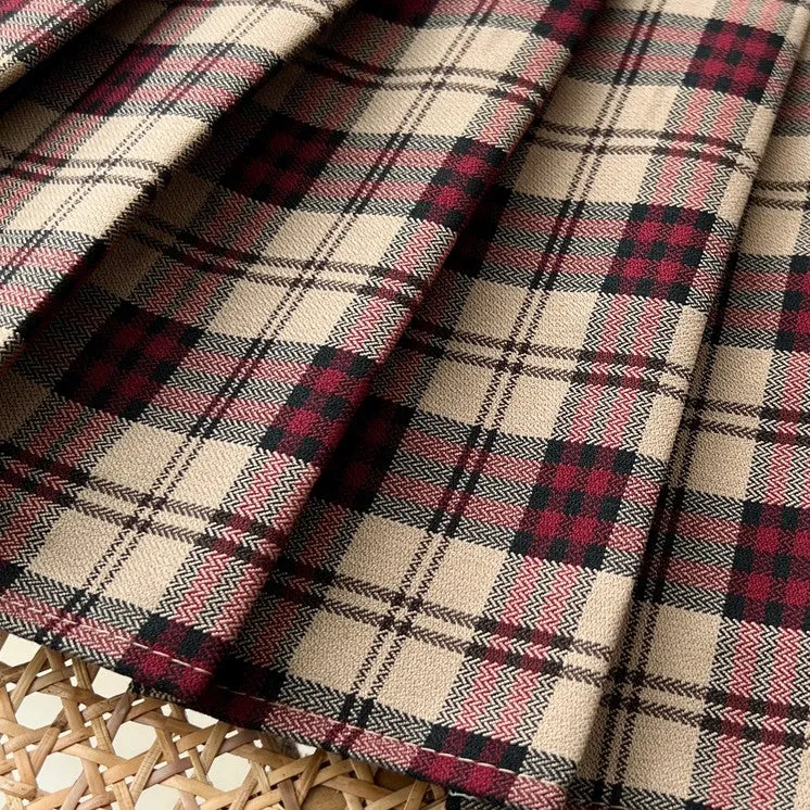 Vintage khaki wine plaid pleated skirt