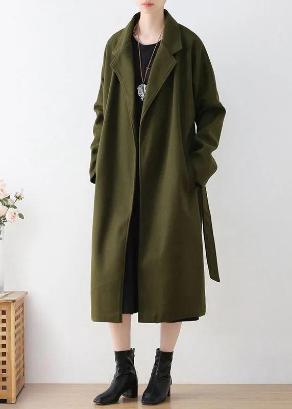 Vogue Army Green Notched Tie Waist Woolen Trench Coats Winter