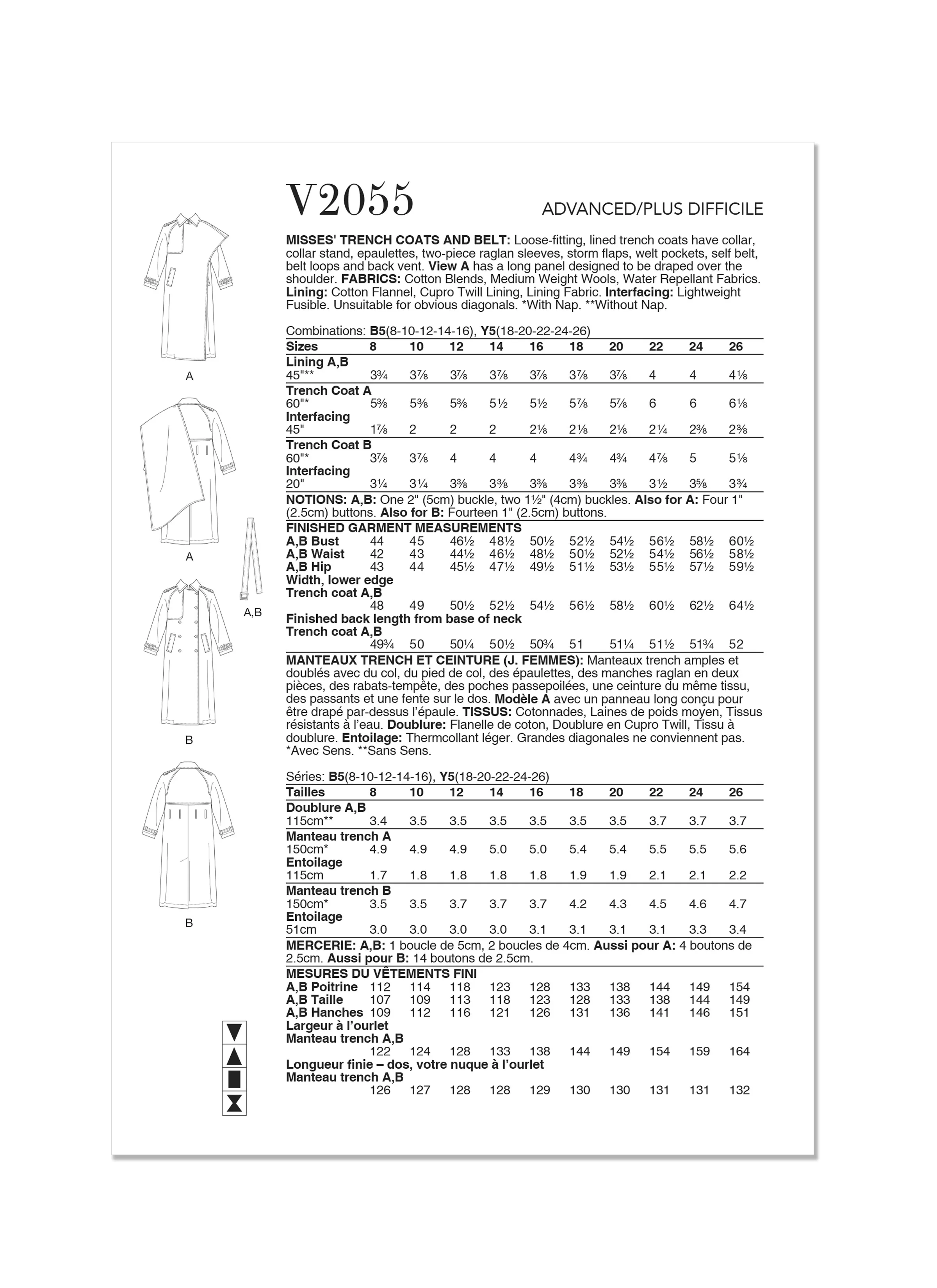 Vogue Sewing Pattern 2055 Trench Coats and Belt