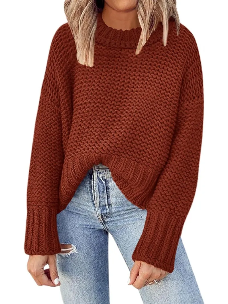 Waffle Crewneck Chunky Knit Batwing Sweaters