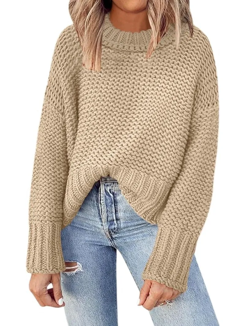 Waffle Crewneck Chunky Knit Batwing Sweaters