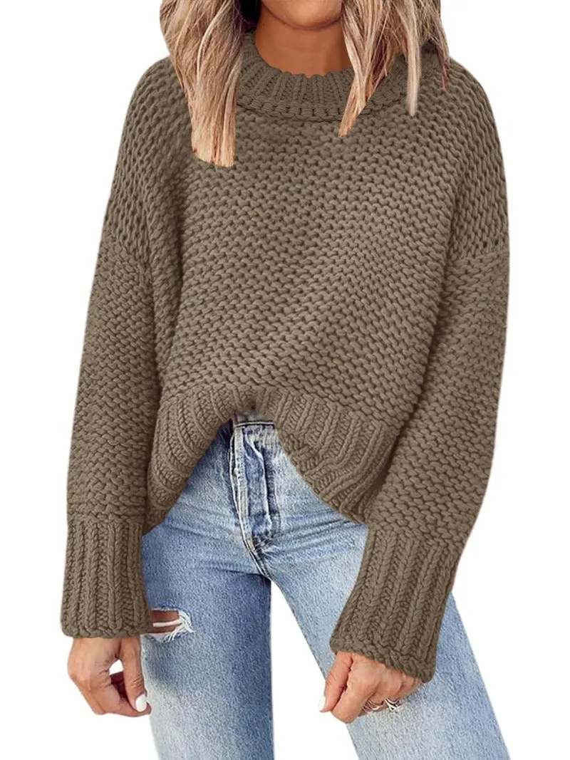 Waffle Crewneck Chunky Knit Batwing Sweaters