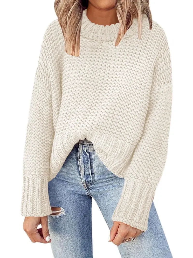 Waffle Crewneck Chunky Knit Batwing Sweaters