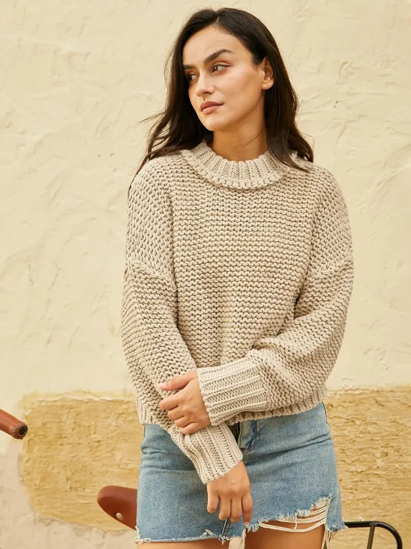 Waffle Crewneck Chunky Knit Batwing Sweaters