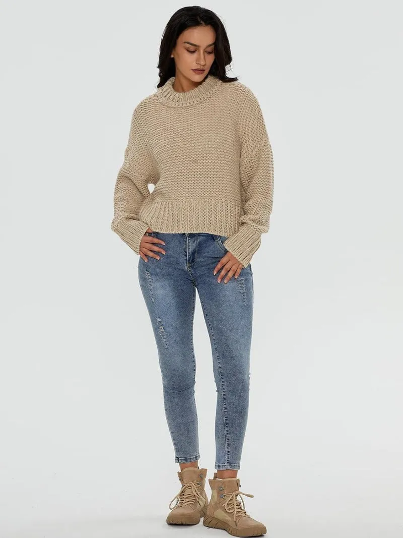 Waffle Crewneck Chunky Knit Batwing Sweaters