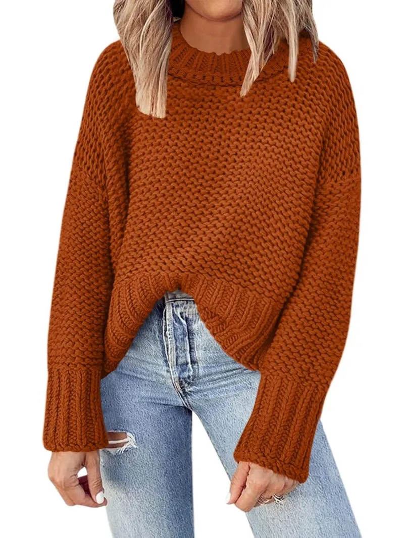 Waffle Crewneck Chunky Knit Batwing Sweaters