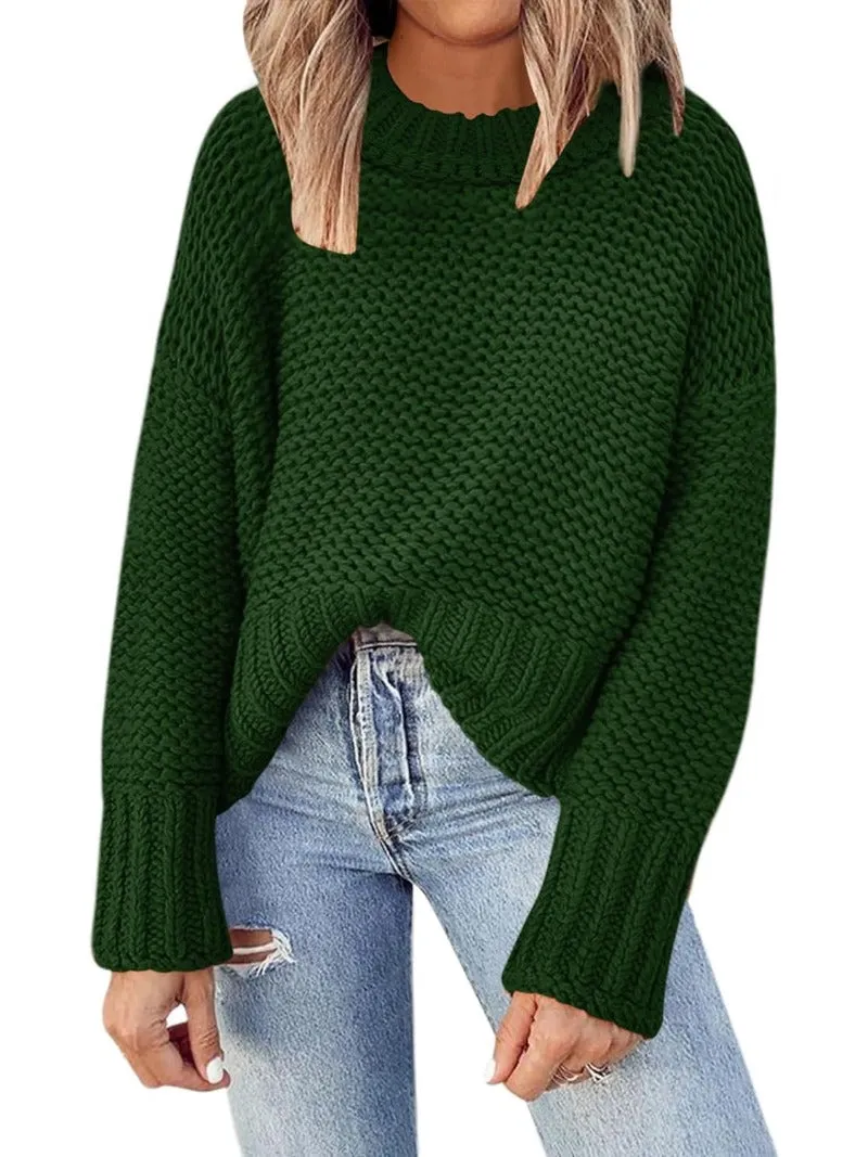 Waffle Crewneck Chunky Knit Batwing Sweaters