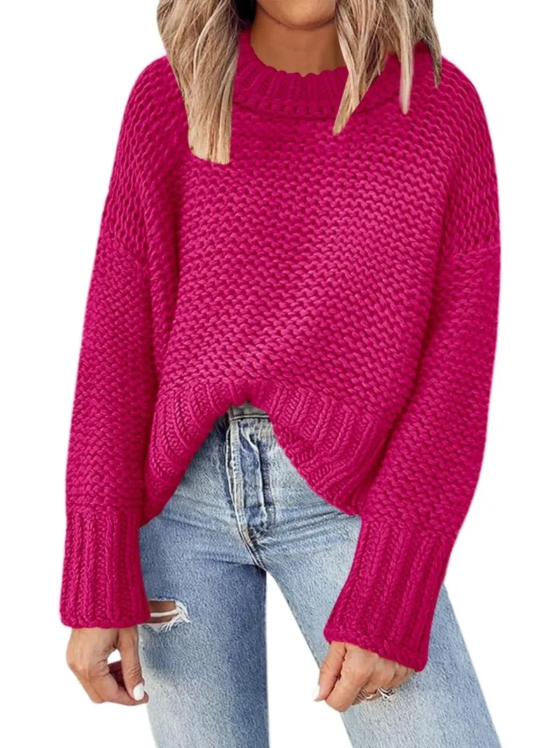 Waffle Crewneck Chunky Knit Batwing Sweaters