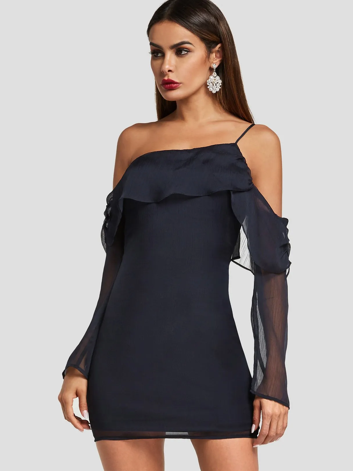 Wholesale Navy Off The Shoulder Sleeveless Plain Backless Spaghetti Strap See Through Dresses