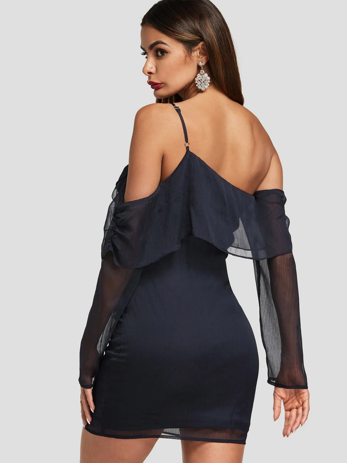 Wholesale Navy Off The Shoulder Sleeveless Plain Backless Spaghetti Strap See Through Dresses