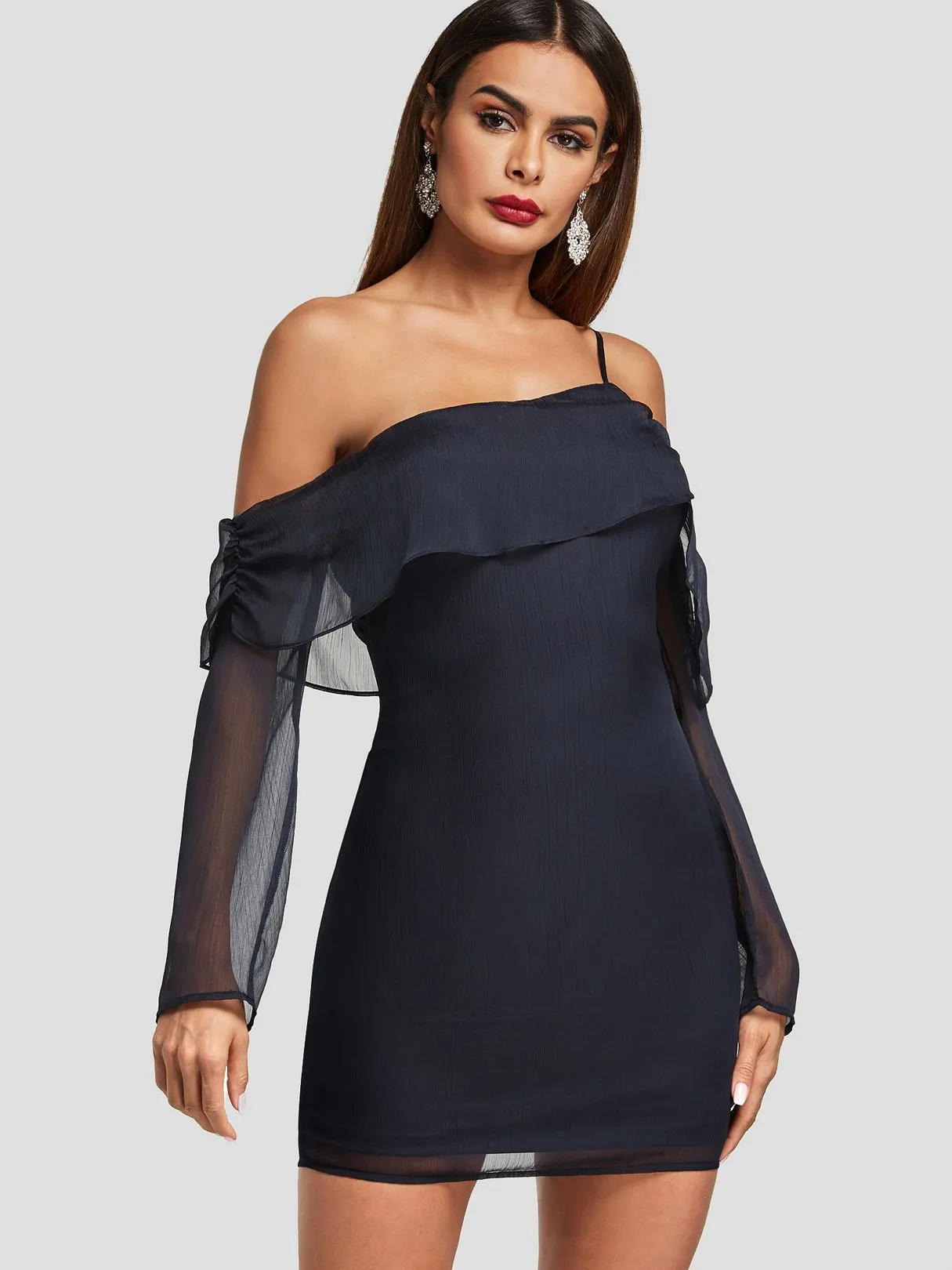 Wholesale Navy Off The Shoulder Sleeveless Plain Backless Spaghetti Strap See Through Dresses