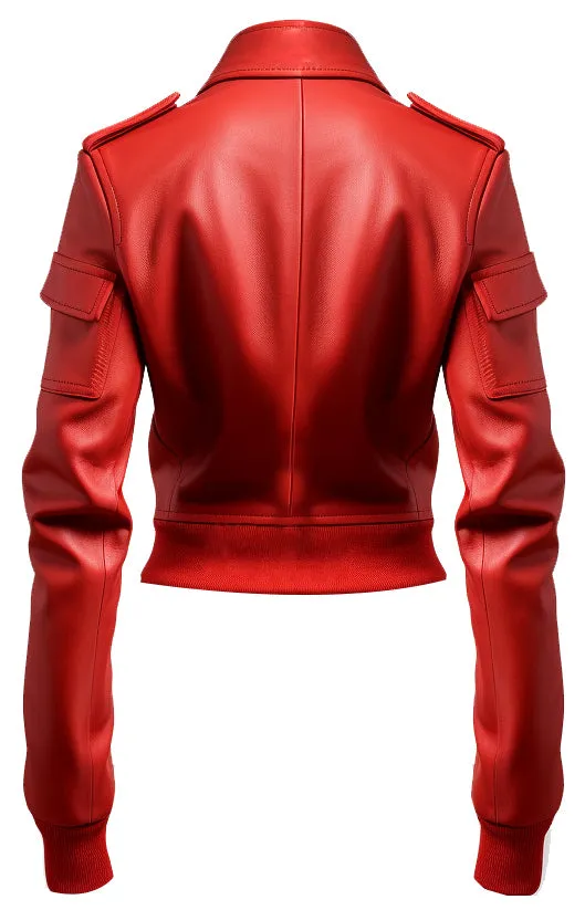 Women Leather Jacket Red Bomber