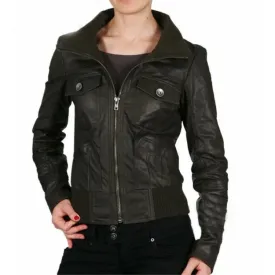 Women's Black Genuine Leather Bomber Jacket