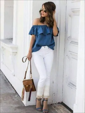 Women's Denim Off The Shoulder Ruffle Sleeve Blouse